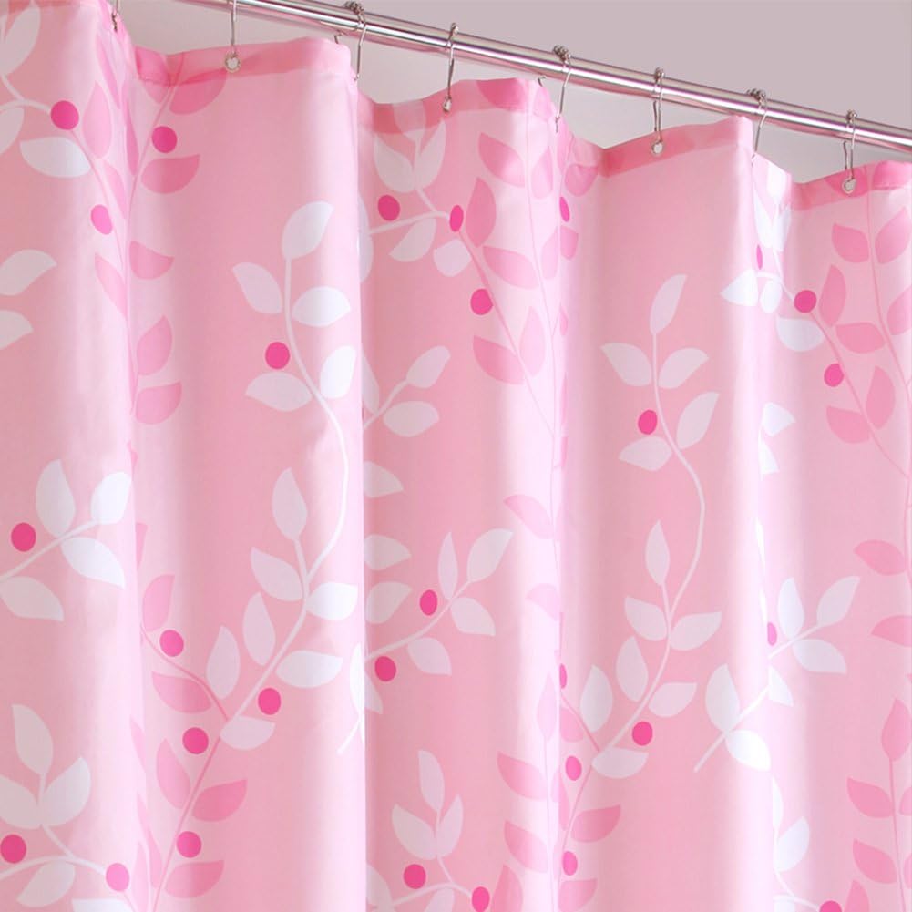 Pink Leaves Decor Soft Fabric Shower Curtain Water-Repellent Eco-Friendly Cute Polyester Fabric Bath Curtains, 72" X 72"