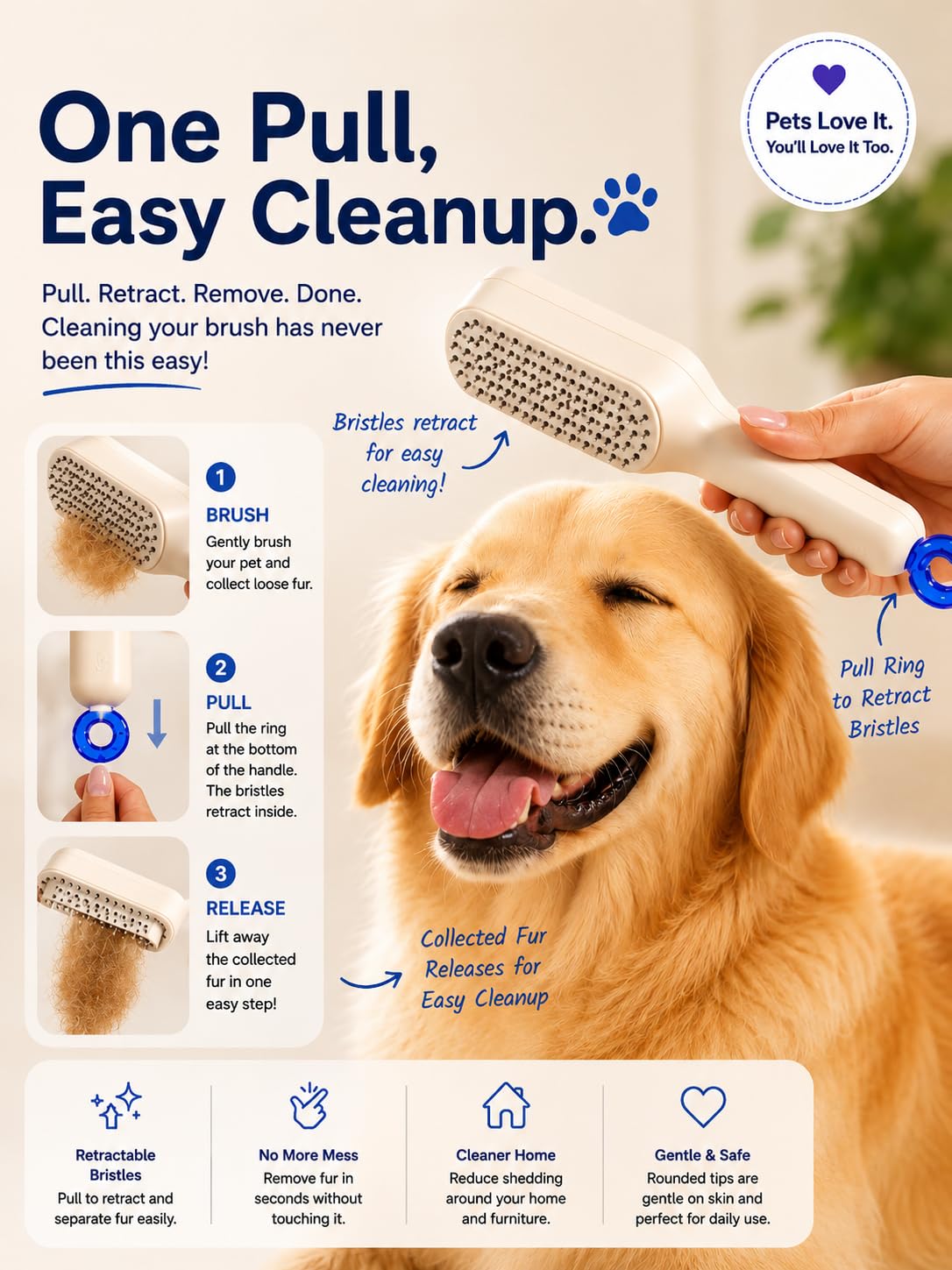 Self-Cleaning Pet Grooming Brush with Retractable Bristles, Reduces Shedding, Gentle on Skin, for Cats and Dogs (Pink)