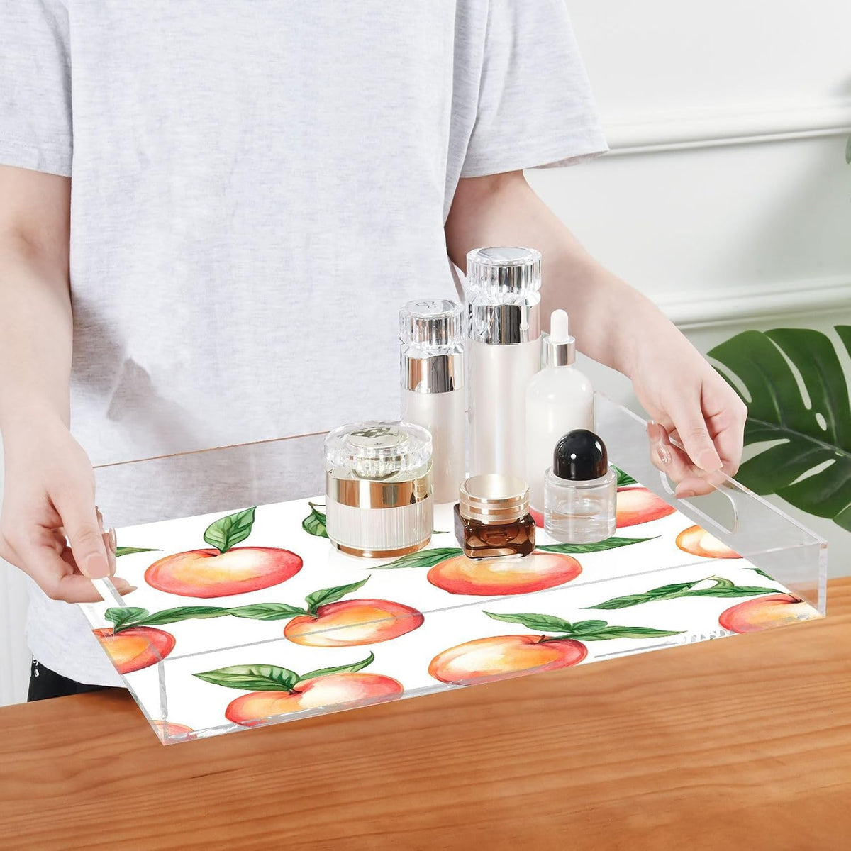 Peach Acrylic Serving Tray with Handles 12 x 16 Inch, Sturdy Spill-Proof & Non-Slip Decorative Tray for Kitchen Countertop, Bathroom Vanity Organizer, Ottoman Coffee Table