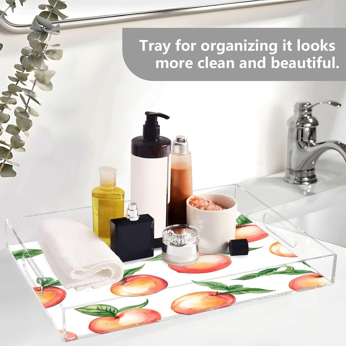 Peach Acrylic Serving Tray with Handles 12 x 16 Inch, Sturdy Spill-Proof & Non-Slip Decorative Tray for Kitchen Countertop, Bathroom Vanity Organizer, Ottoman Coffee Table