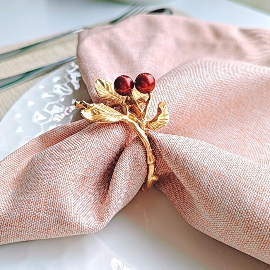 Rose Gold Red Berry Leaf Napkin Rings Set of 6 for Weddings & Dinners