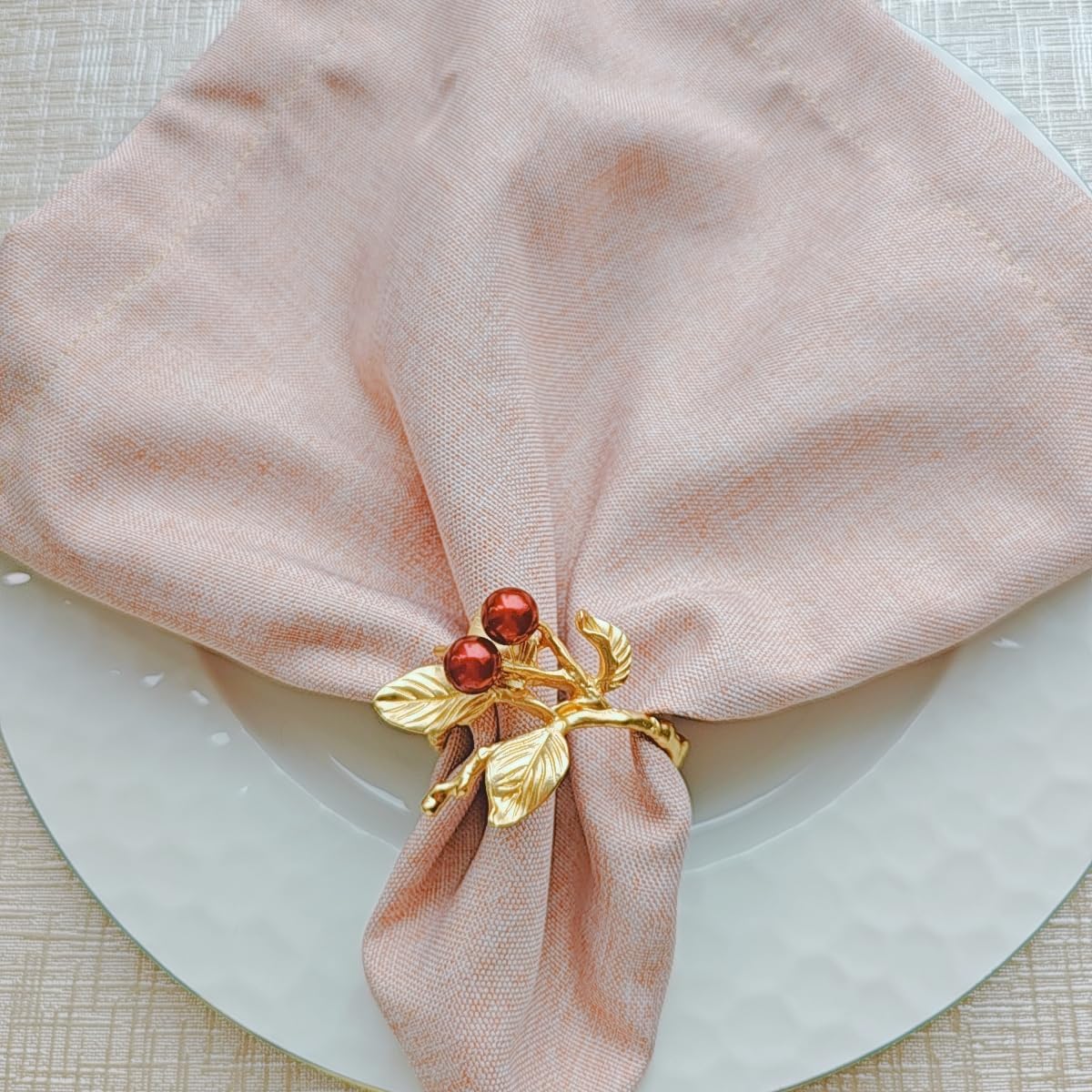 Rose Gold Red Berry Leaf Napkin Rings Set of 6 for Weddings & Dinners