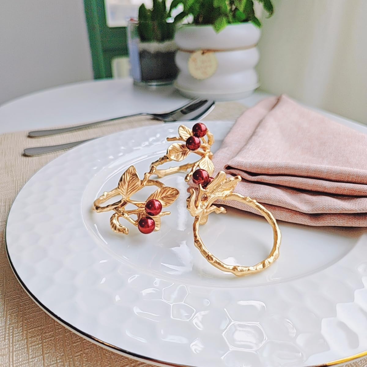 Rose Gold Red Berry Leaf Napkin Rings Set of 6 for Weddings & Dinners