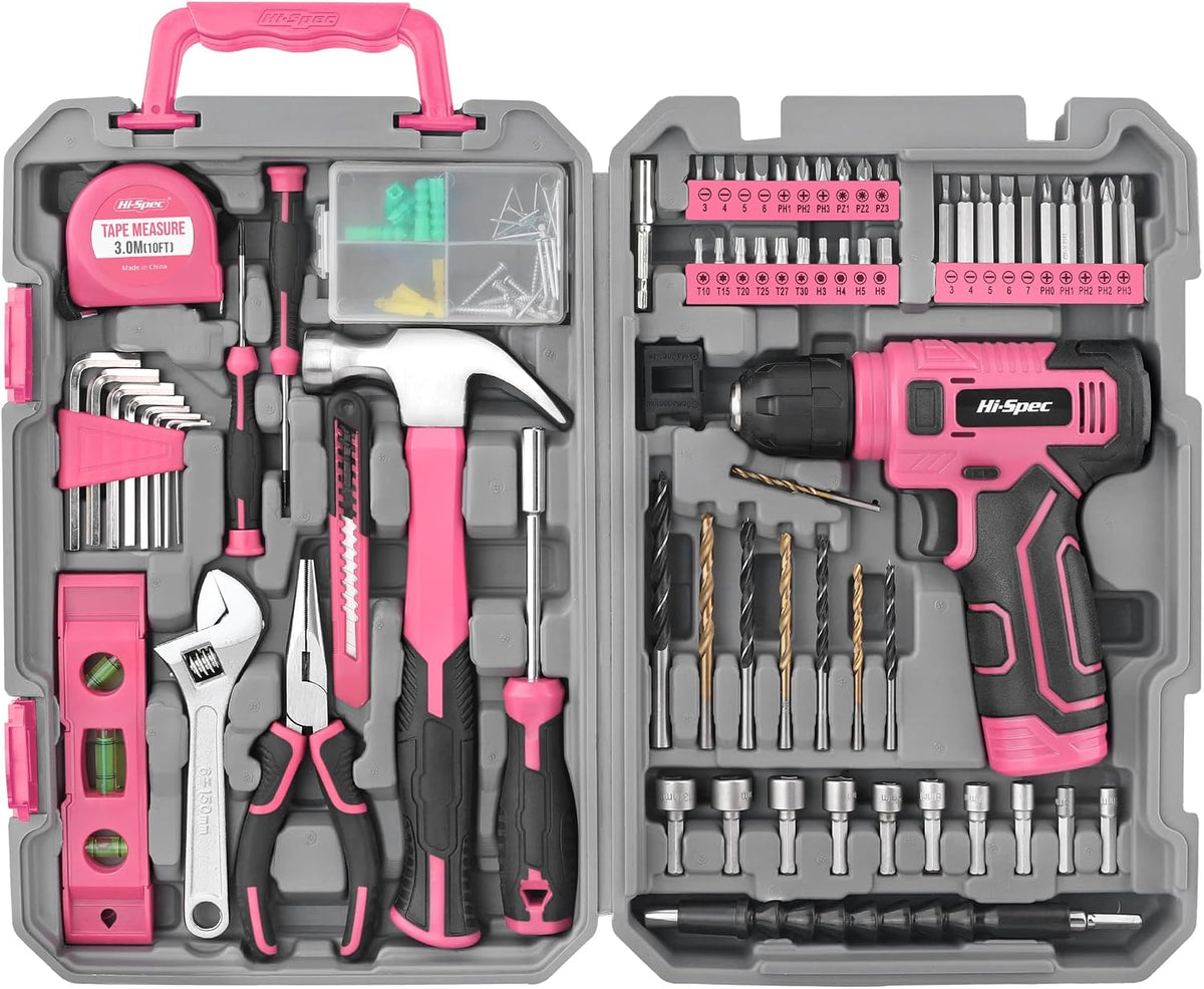 Hi-Spec Tool Set with 8V Drill Set Home DIY Repair & Maintenance, Pink