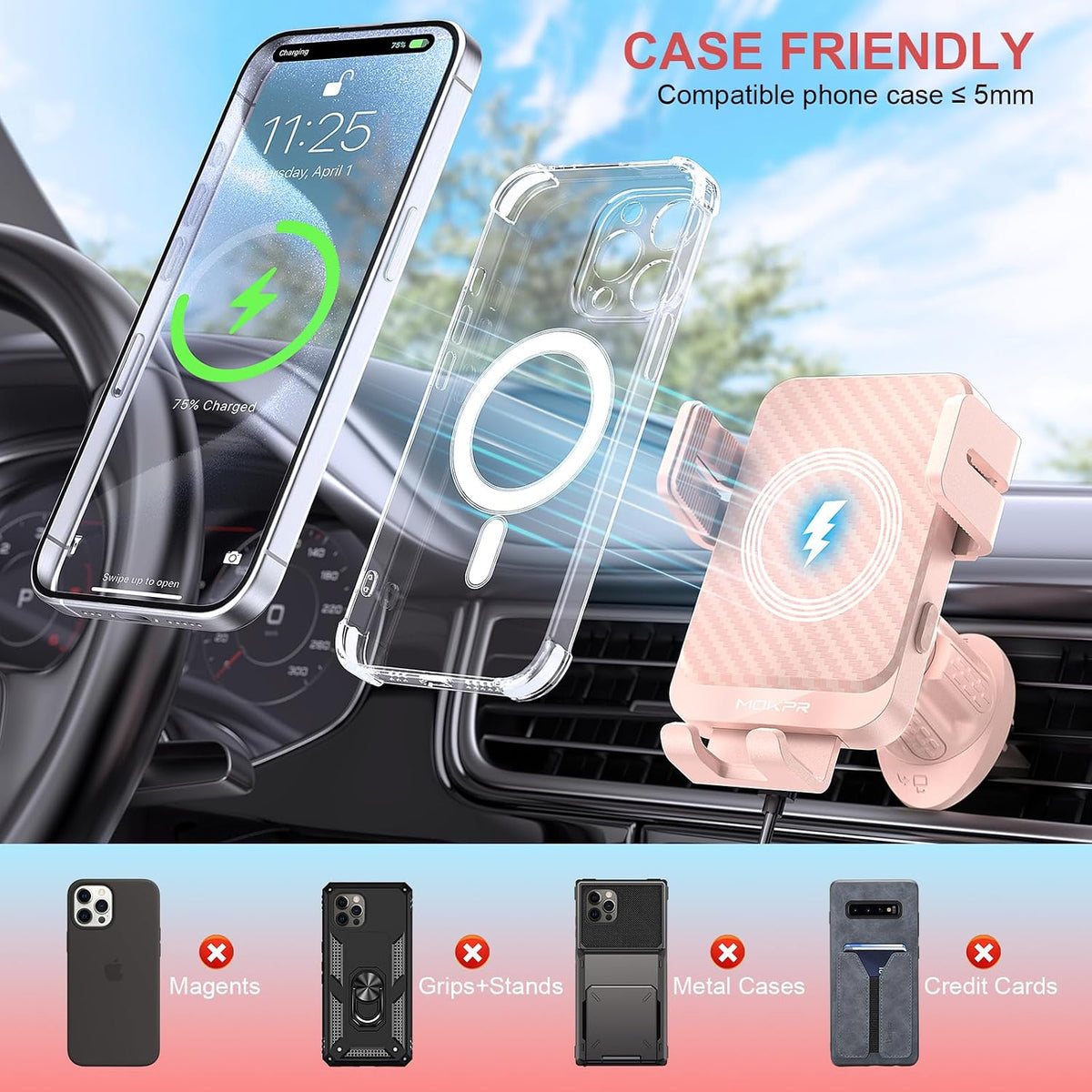 Wireless Car Charger 15W Fast Charging Auto-Clamping Air Vent Phone Mount
