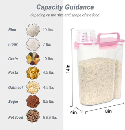 Airtight 10LBS Rice/Cereal/Dry Food Storage Container BPA Free, 5.28Qt Clear Plastic Kitchen and Pantry Organization Bin Suitable for Oats, Flour, Sugar, Pasta, Pet Food, etc (Rose Pink)