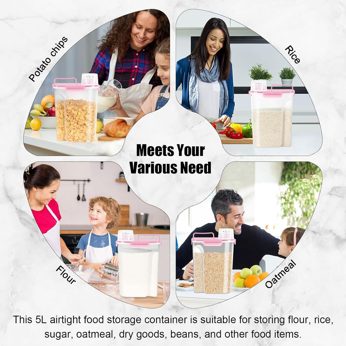 Airtight 10LBS Rice/Cereal/Dry Food Storage Container BPA Free, 5.28Qt Clear Plastic Kitchen and Pantry Organization Bin Suitable for Oats, Flour, Sugar, Pasta, Pet Food, etc (Rose Pink)