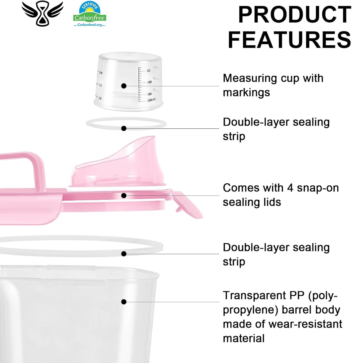 Airtight 10LBS Rice/Cereal/Dry Food Storage Container BPA Free, 5.28Qt Clear Plastic Kitchen and Pantry Organization Bin Suitable for Oats, Flour, Sugar, Pasta, Pet Food, etc (Rose Pink)