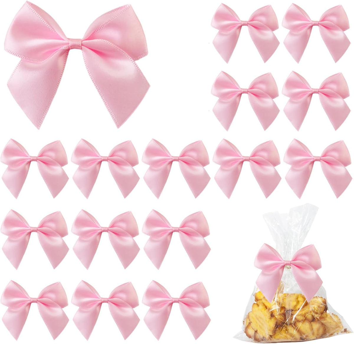 50PCS Mini Pink Bows for Gift Wrapping, 2.5 Inch Pink Satin Ribbon Bows Light Pink Twist Tie Bows with Double - Sided Tape for Treat Bags Pretied Bows for Baby Shower Wedding Decorations