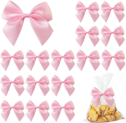 50PCS Mini Pink Bows for Gift Wrapping, 2.5 Inch Pink Satin Ribbon Bows Light Pink Twist Tie Bows with Double - Sided Tape for Treat Bags Pretied Bows for Baby Shower Wedding Decorations