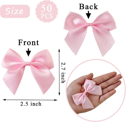 50PCS Mini Pink Bows for Gift Wrapping, 2.5 Inch Pink Satin Ribbon Bows Light Pink Twist Tie Bows with Double - Sided Tape for Treat Bags Pretied Bows for Baby Shower Wedding Decorations