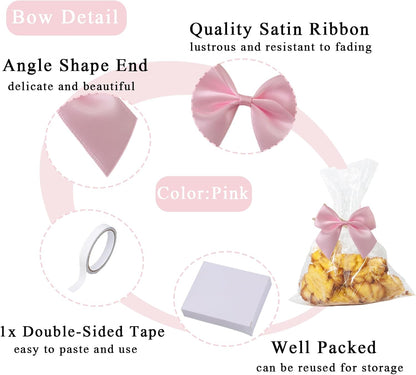 50PCS Mini Pink Bows for Gift Wrapping, 2.5 Inch Pink Satin Ribbon Bows Light Pink Twist Tie Bows with Double - Sided Tape for Treat Bags Pretied Bows for Baby Shower Wedding Decorations