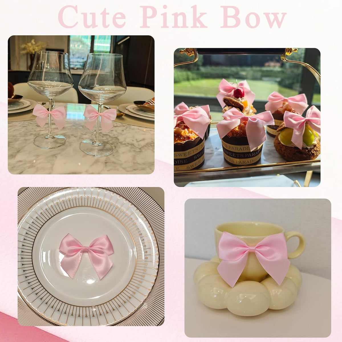 50PCS Mini Pink Bows for Gift Wrapping, 2.5 Inch Pink Satin Ribbon Bows Light Pink Twist Tie Bows with Double - Sided Tape for Treat Bags Pretied Bows for Baby Shower Wedding Decorations
