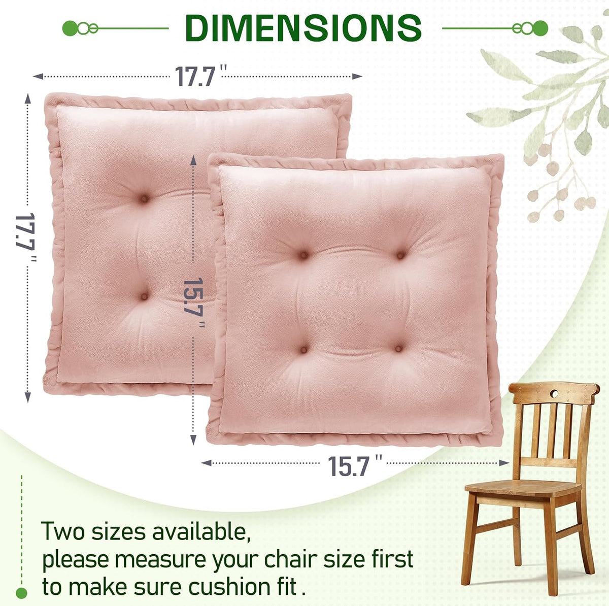 Chair Pads Cushions for Dining Chairs, Square Seat Cushion with Ties for Kitchen Adults Sitting and Office Desk Chair (Pink, 17.7x17.7 Inch (Set of 2))