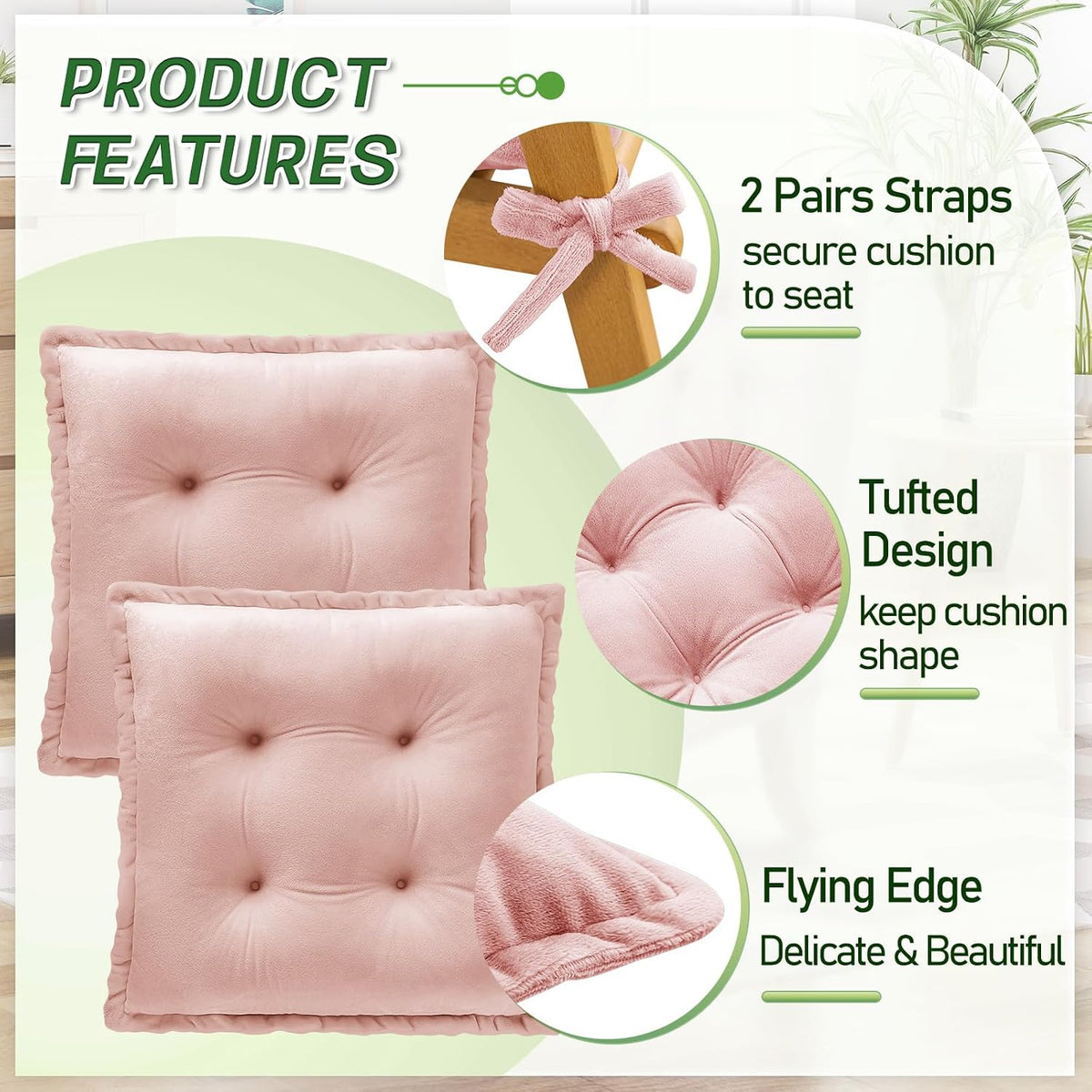 Chair Pads Cushions for Dining Chairs, Square Seat Cushion with Ties for Kitchen Adults Sitting and Office Desk Chair (Pink, 17.7x17.7 Inch (Set of 2))