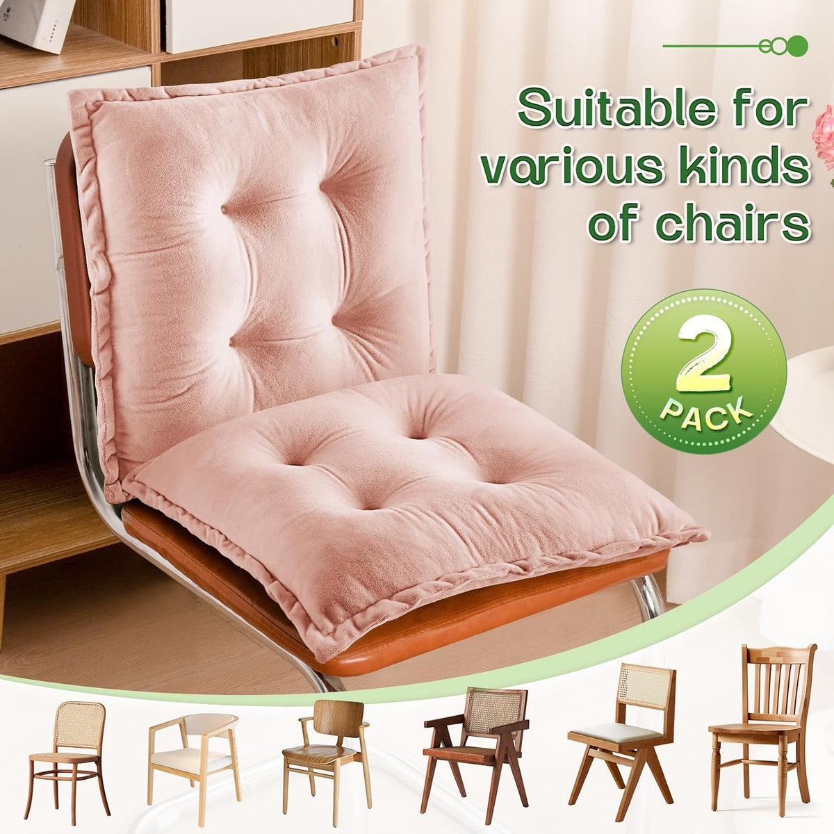 Chair Pads Cushions for Dining Chairs, Square Seat Cushion with Ties for Kitchen Adults Sitting and Office Desk Chair (Pink, 17.7x17.7 Inch (Set of 2))