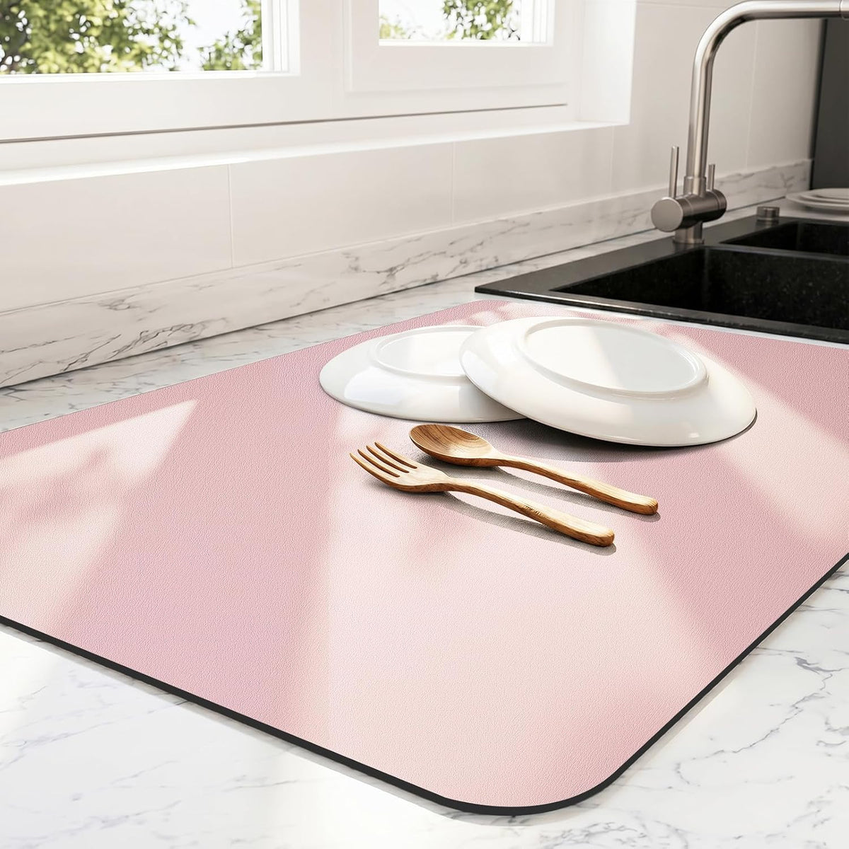 Dish Drying Mat for Kitchen Counter | Coffee Bar Mat for Countertops | Heat Resistant Drainer Mat with Non-slip Rubber Backed | Hide Stain Kitchen Absorbent Draining Mat | Pink 16"x18"
