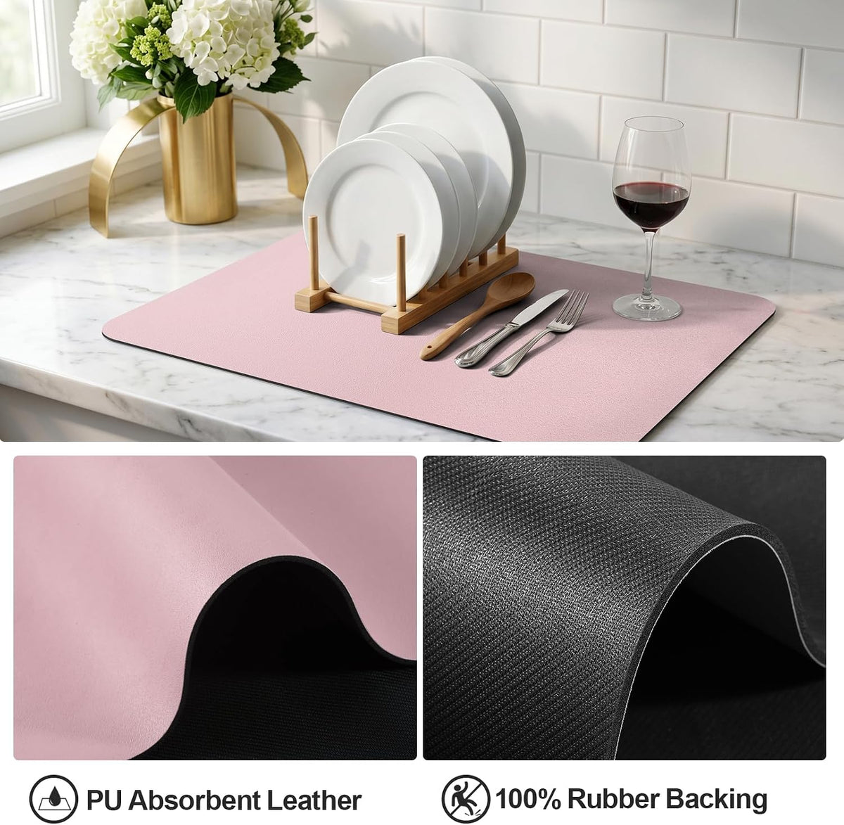 Dish Drying Mat for Kitchen Counter | Coffee Bar Mat for Countertops | Heat Resistant Drainer Mat with Non-slip Rubber Backed | Hide Stain Kitchen Absorbent Draining Mat | Pink 16"x18"