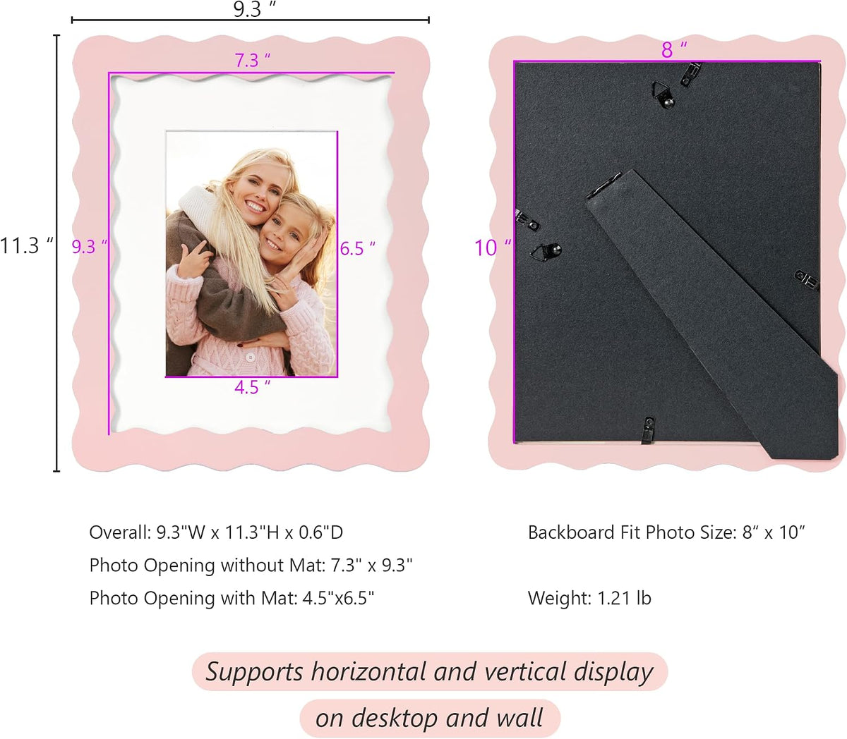 8x10 Cute Picture Frame, Wavy Curved Photo Frame with 5x7 Mat, Pink