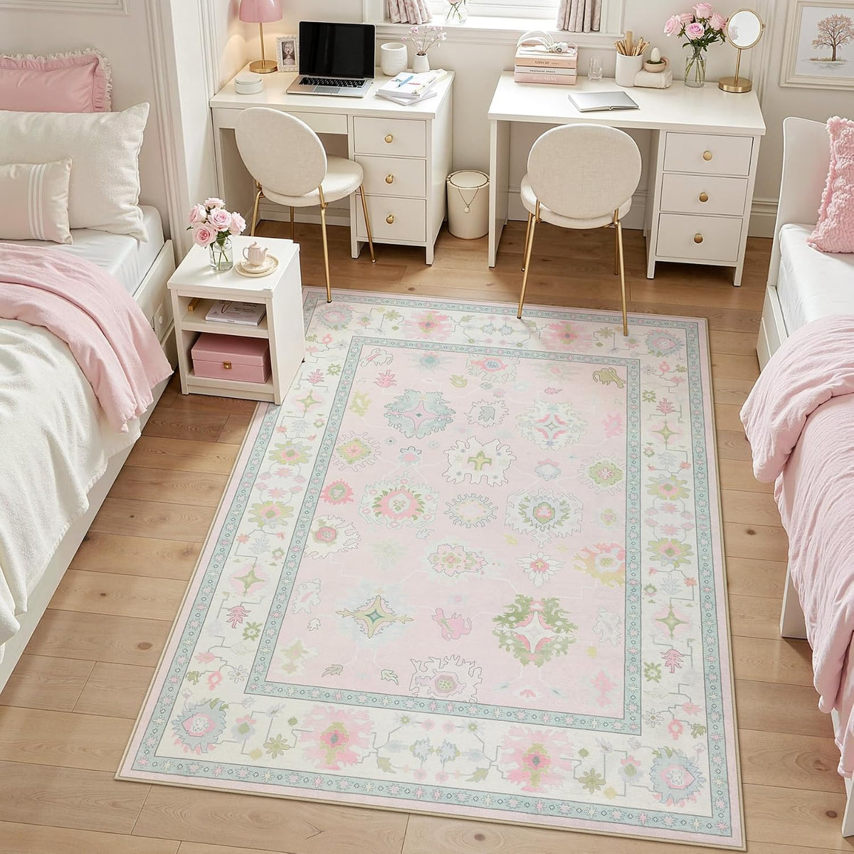 Boho Oushak 5x7 Washable Area Rug for Girls Bedroom, Soft Pastel Pink Nursery Rug Living Room, Oriental Floral Non-Slip Ultra Thin Indoor Carpet for Dorm Kids Playroom
