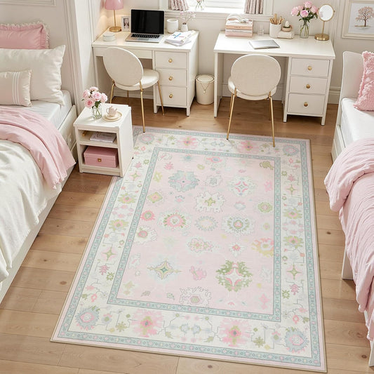 Boho Oushak 5x7 Washable Area Rug for Girls Bedroom, Soft Pastel Pink Nursery Rug Living Room, Oriental Floral Non-Slip Ultra Thin Indoor Carpet for Dorm Kids Playroom