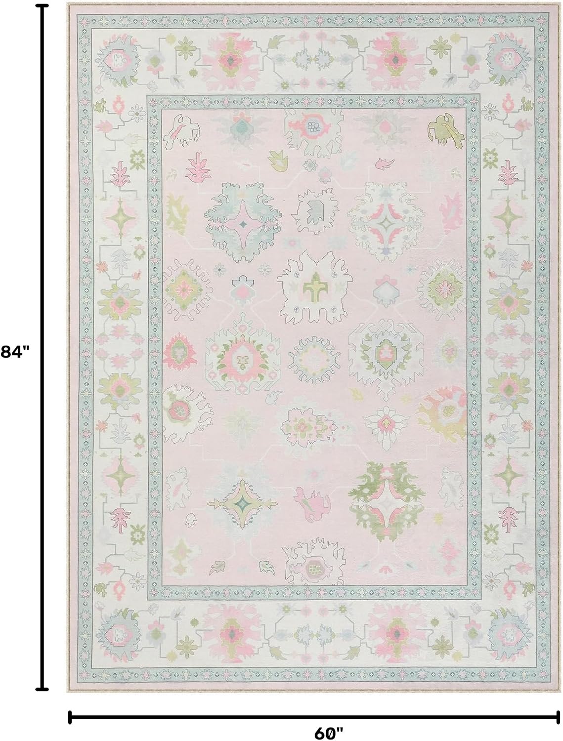 Boho Oushak 5x7 Washable Area Rug for Girls Bedroom, Soft Pastel Pink Nursery Rug Living Room, Oriental Floral Non-Slip Ultra Thin Indoor Carpet for Dorm Kids Playroom
