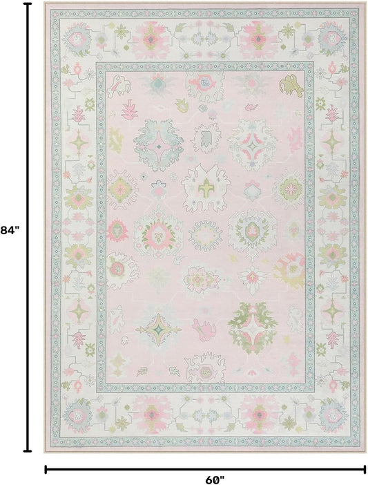 Boho Oushak 5x7 Washable Area Rug for Girls Bedroom, Soft Pastel Pink Nursery Rug Living Room, Oriental Floral Non-Slip Ultra Thin Indoor Carpet for Dorm Kids Playroom