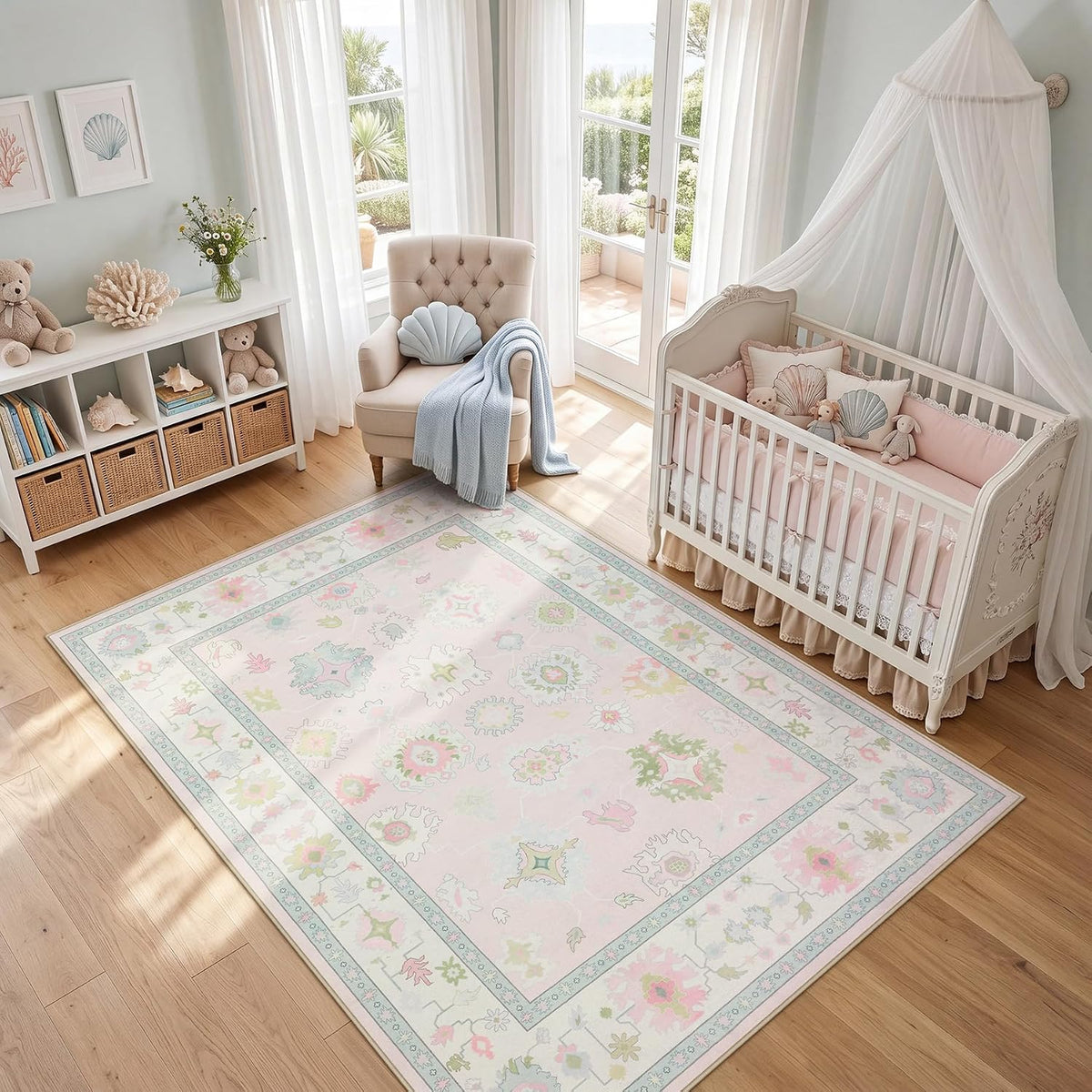 Boho Oushak 5x7 Washable Area Rug for Girls Bedroom, Soft Pastel Pink Nursery Rug Living Room, Oriental Floral Non-Slip Ultra Thin Indoor Carpet for Dorm Kids Playroom