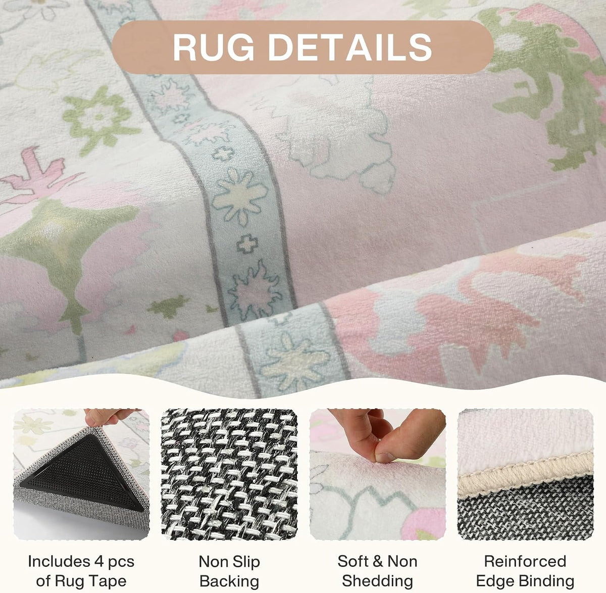 Boho Oushak 5x7 Washable Area Rug for Girls Bedroom, Soft Pastel Pink Nursery Rug Living Room, Oriental Floral Non-Slip Ultra Thin Indoor Carpet for Dorm Kids Playroom
