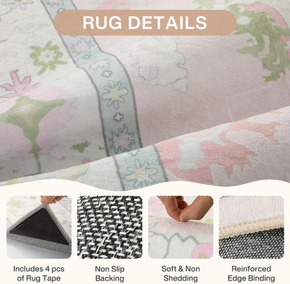 Boho Oushak 5x7 Washable Area Rug for Girls Bedroom, Soft Pastel Pink Nursery Rug Living Room, Oriental Floral Non-Slip Ultra Thin Indoor Carpet for Dorm Kids Playroom