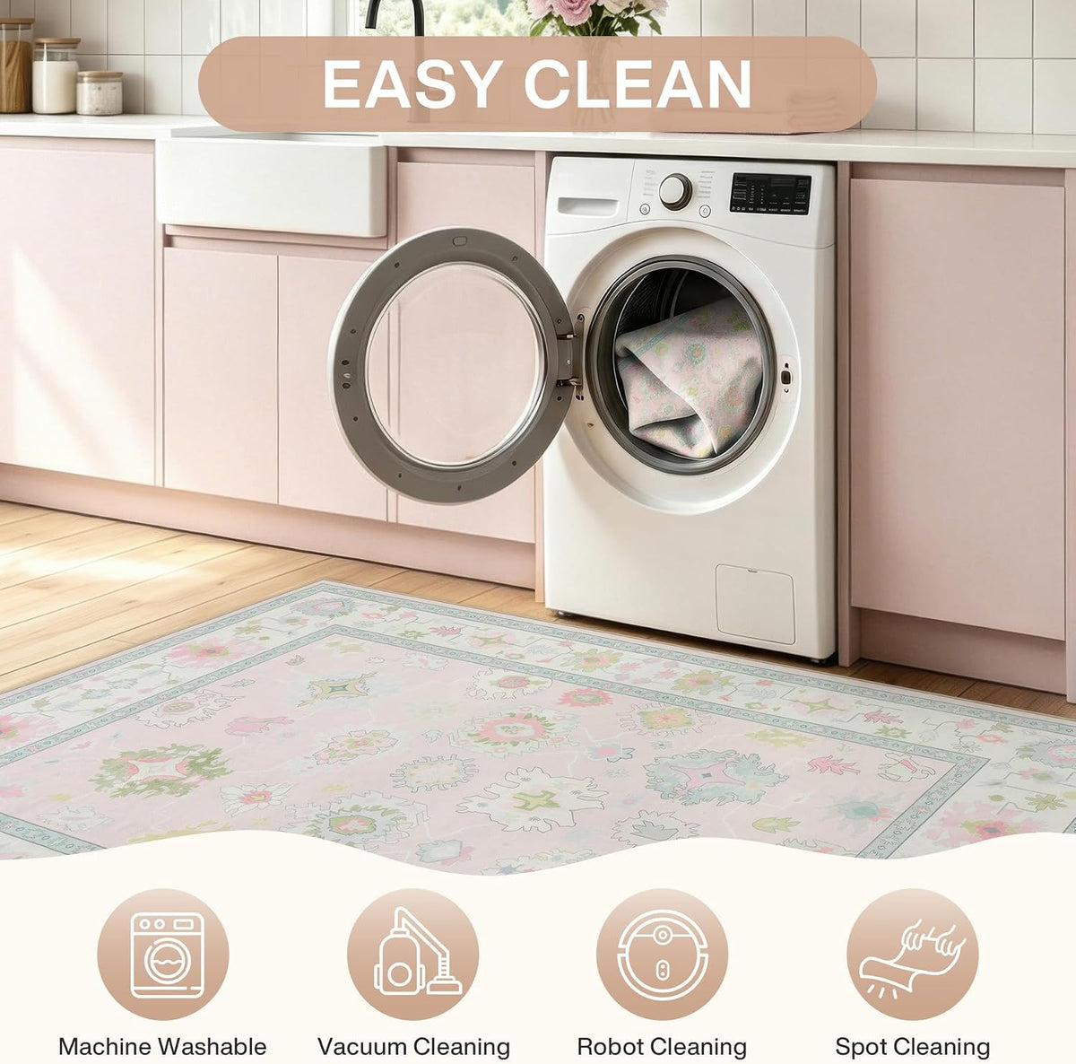 Boho Oushak 5x7 Washable Area Rug for Girls Bedroom, Soft Pastel Pink Nursery Rug Living Room, Oriental Floral Non-Slip Ultra Thin Indoor Carpet for Dorm Kids Playroom