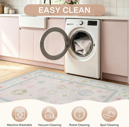 Boho Oushak 5x7 Washable Area Rug for Girls Bedroom, Soft Pastel Pink Nursery Rug Living Room, Oriental Floral Non-Slip Ultra Thin Indoor Carpet for Dorm Kids Playroom