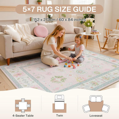 Boho Oushak 5x7 Washable Area Rug for Girls Bedroom, Soft Pastel Pink Nursery Rug Living Room, Oriental Floral Non-Slip Ultra Thin Indoor Carpet for Dorm Kids Playroom