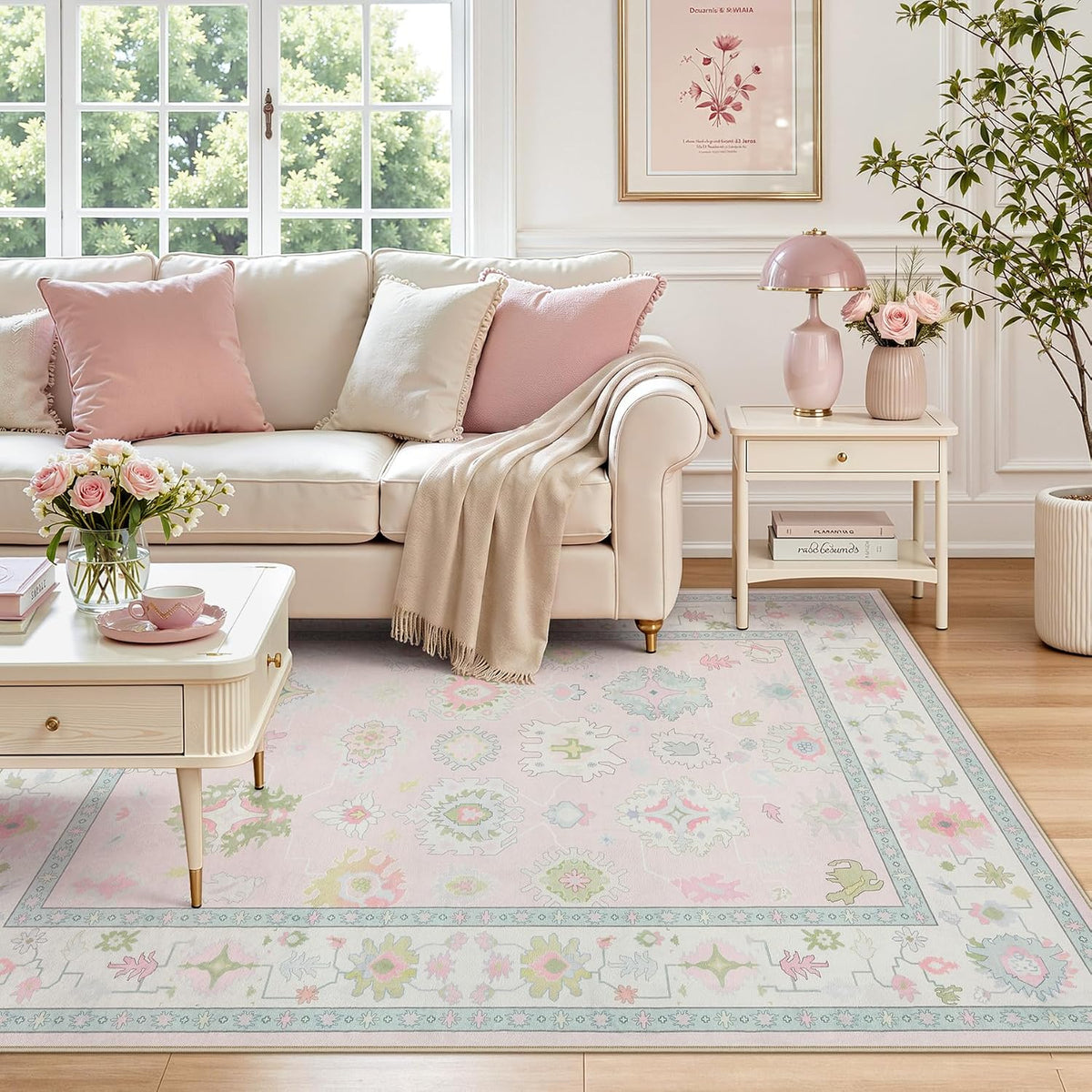 Boho Oushak 5x7 Washable Area Rug for Girls Bedroom, Soft Pastel Pink Nursery Rug Living Room, Oriental Floral Non-Slip Ultra Thin Indoor Carpet for Dorm Kids Playroom