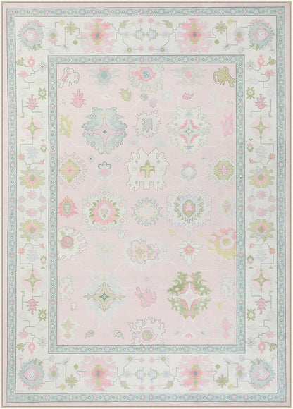 Boho Oushak 5x7 Washable Area Rug for Girls Bedroom, Soft Pastel Pink Nursery Rug Living Room, Oriental Floral Non-Slip Ultra Thin Indoor Carpet for Dorm Kids Playroom