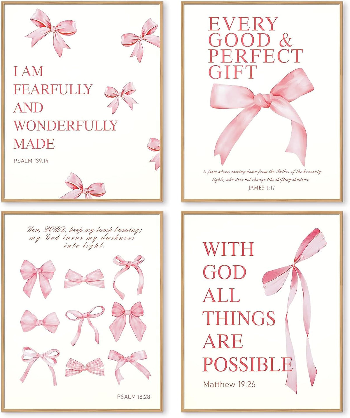 Coquette Pink Bow Wall Art Decor Posters Set of 4, Wrinkle-Resistant Canvas Prints with Inspirational Bible Verses, 10x8 Inch UNFRAMED Christian Room Bedroom Dorm Bathroom Decor, Perfect Aesthetic Gift for College Teen Girls
