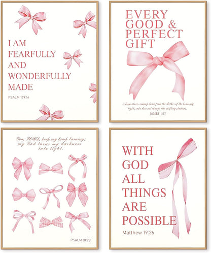 Coquette Pink Bow Wall Art Decor Posters Set of 4, Wrinkle-Resistant Canvas Prints with Inspirational Bible Verses, 10x8 Inch UNFRAMED Christian Room Bedroom Dorm Bathroom Decor, Perfect Aesthetic Gift for College Teen Girls