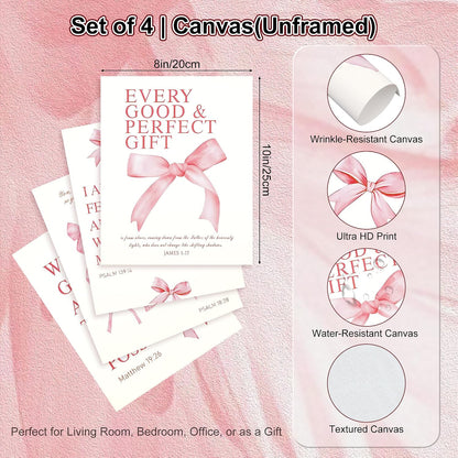 Coquette Pink Bow Wall Art Decor Posters Set of 4, Wrinkle-Resistant Canvas Prints with Inspirational Bible Verses, 10x8 Inch UNFRAMED Christian Room Bedroom Dorm Bathroom Decor, Perfect Aesthetic Gift for College Teen Girls