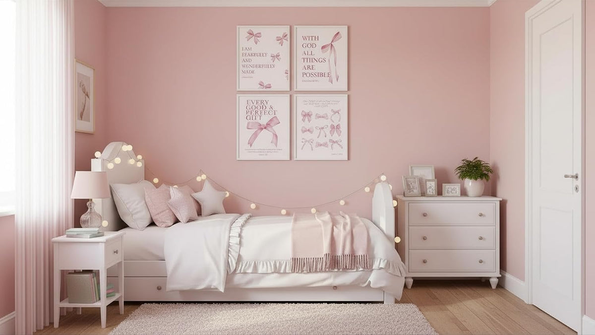 Coquette Pink Bow Wall Art Decor Posters Set of 4, Wrinkle-Resistant Canvas Prints with Inspirational Bible Verses, 10x8 Inch UNFRAMED Christian Room Bedroom Dorm Bathroom Decor, Perfect Aesthetic Gift for College Teen Girls