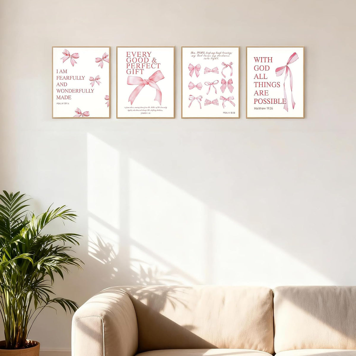 Coquette Pink Bow Wall Art Decor Posters Set of 4, Wrinkle-Resistant Canvas Prints with Inspirational Bible Verses, 10x8 Inch UNFRAMED Christian Room Bedroom Dorm Bathroom Decor, Perfect Aesthetic Gift for College Teen Girls