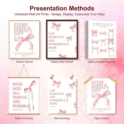 Coquette Pink Bow Wall Art Decor Posters Set of 4, Wrinkle-Resistant Canvas Prints with Inspirational Bible Verses, 10x8 Inch UNFRAMED Christian Room Bedroom Dorm Bathroom Decor, Perfect Aesthetic Gift for College Teen Girls