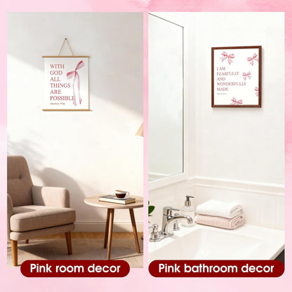 Coquette Pink Bow Wall Art Decor Posters Set of 4, Wrinkle-Resistant Canvas Prints with Inspirational Bible Verses, 10x8 Inch UNFRAMED Christian Room Bedroom Dorm Bathroom Decor, Perfect Aesthetic Gift for College Teen Girls