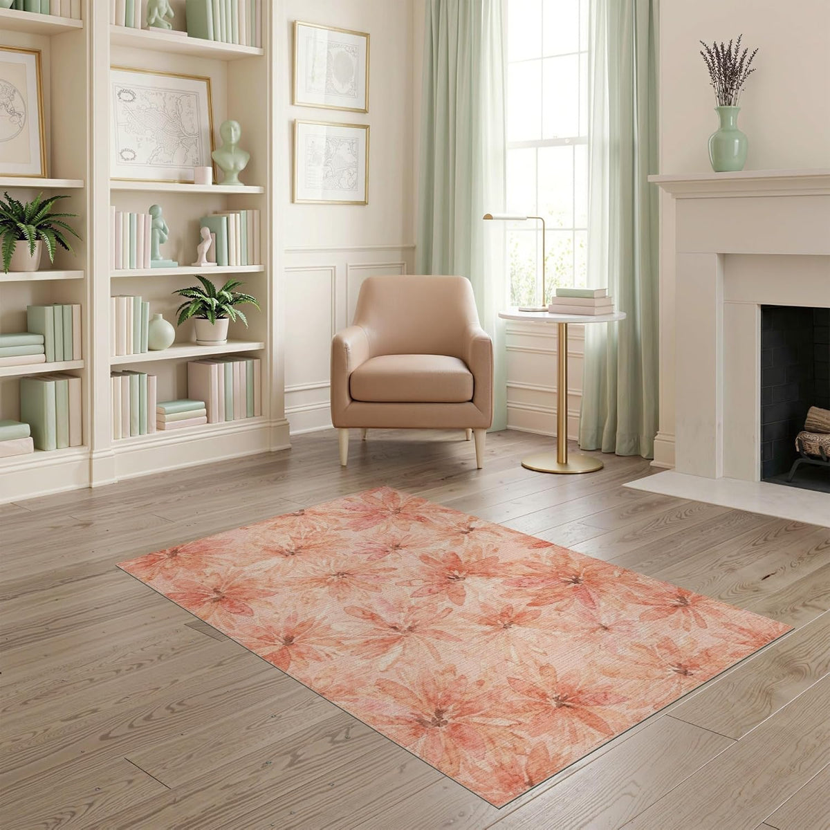 4'x6' Washable Bohemian Floral Area Rug, Peach Flatwoven Floor Mat Non-Slip Chair-Friendly Carpet for Home Office, Gaming Room, Under Desk | Ref:2167881