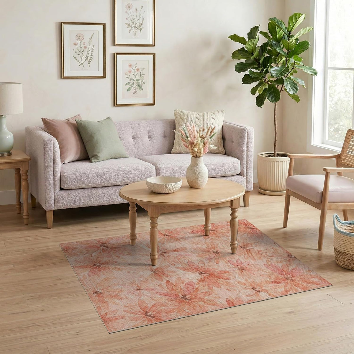 4'x6' Washable Bohemian Floral Area Rug, Peach Flatwoven Floor Mat Non-Slip Chair-Friendly Carpet for Home Office, Gaming Room, Under Desk | Ref:2167881