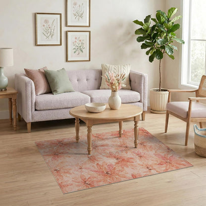 4'x6' Washable Bohemian Floral Area Rug, Peach Flatwoven Floor Mat Non-Slip Chair-Friendly Carpet for Home Office, Gaming Room, Under Desk | Ref:2167881