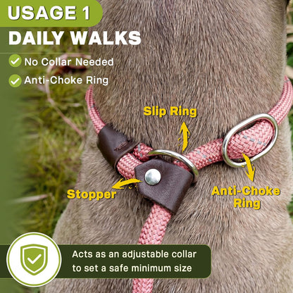 Durable Slip Leads for Dogs, 6 FT x 1/2" Heavy Duty Dog Loop Leashes, Comfortable Strong Rope Slip Leash for Small Dogs and Puppies, No Pull Pet Training Lead with Highly Reflective(1/2", Pink)