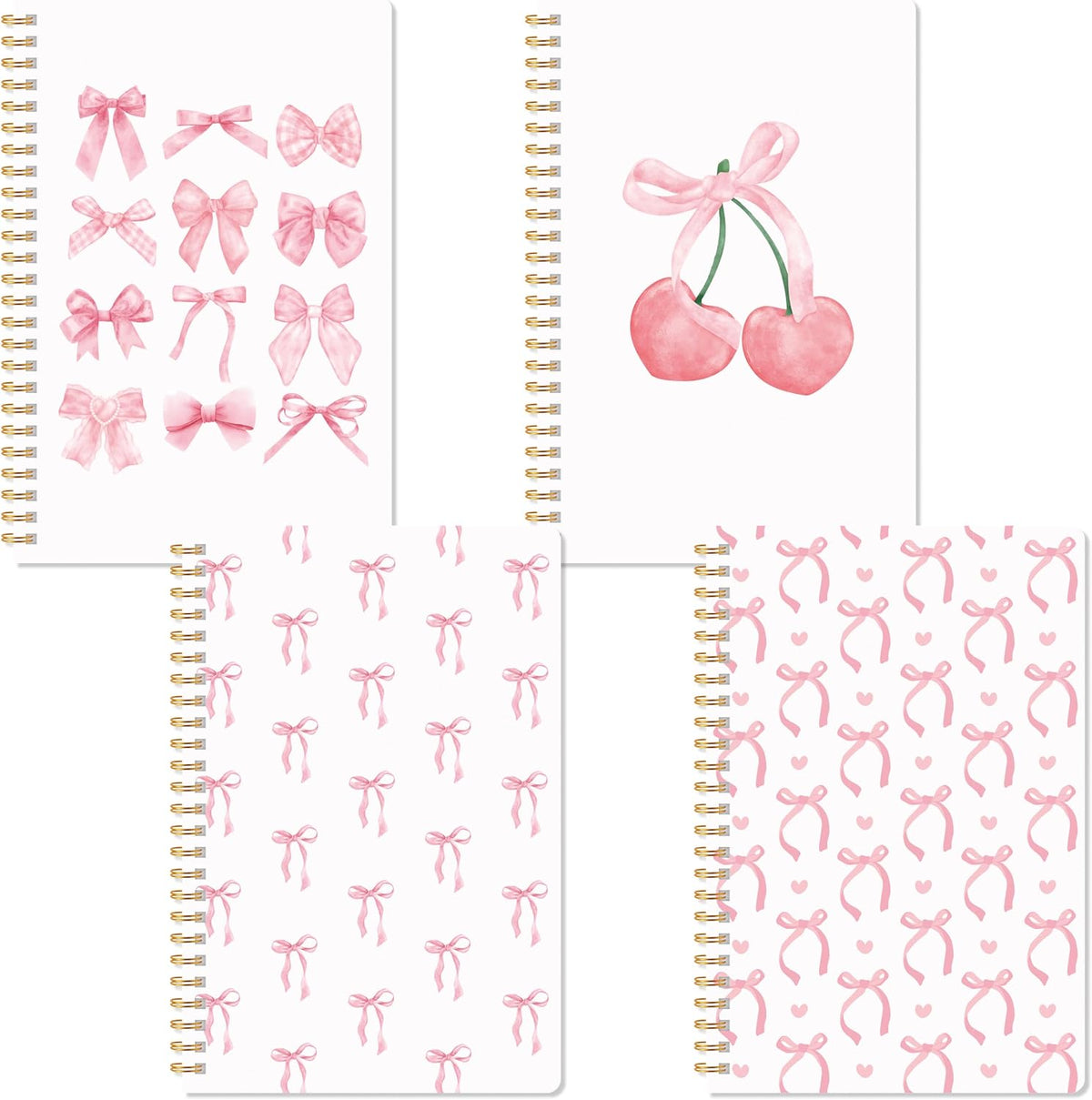 Pink Spiral Journal Notebook, 4Pcs A5 Watercolor Coquette Bow Cherry