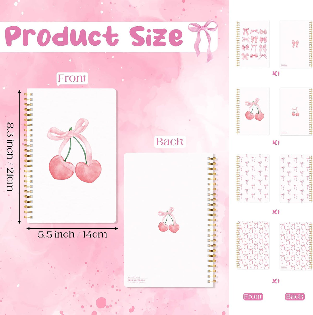 Pink Spiral Journal Notebook, 4Pcs A5 Watercolor Coquette Bow Cherry