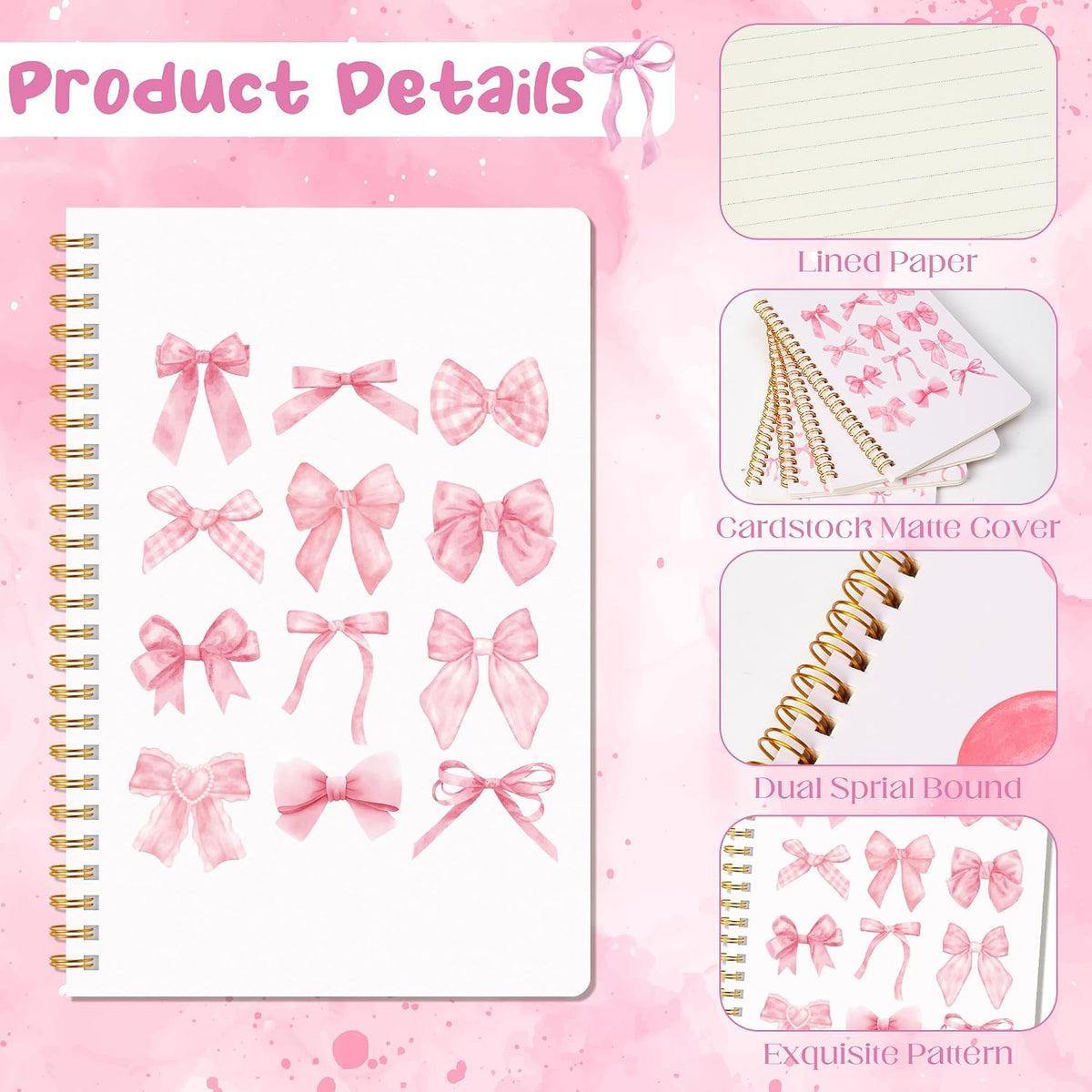 Pink Spiral Journal Notebook, 4Pcs A5 Watercolor Coquette Bow Cherry