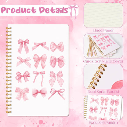 Pink Spiral Journal Notebook, 4Pcs A5 Watercolor Coquette Bow Cherry